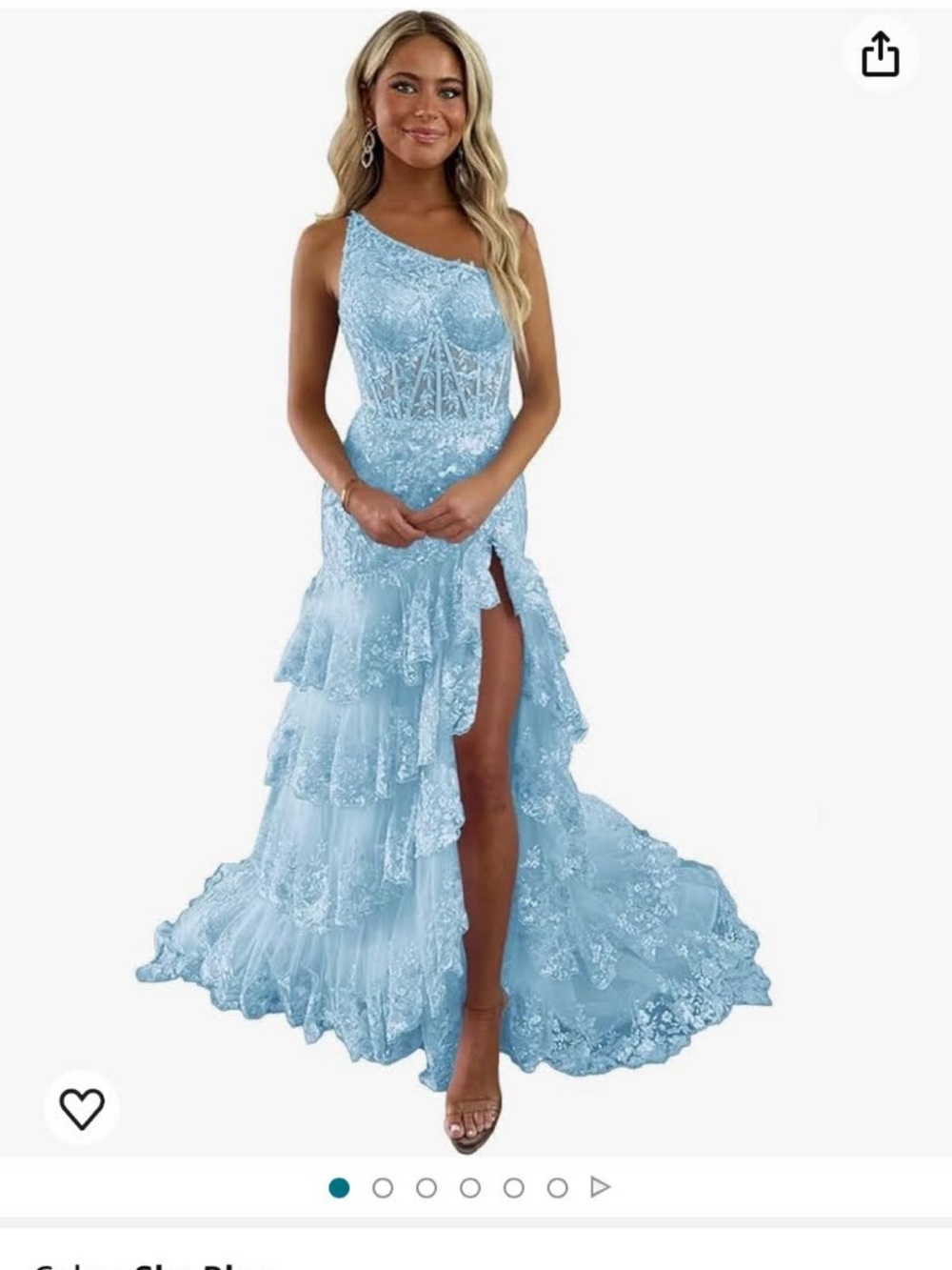 One-Shoulder Light Blue Lace Ruffle Evening Gown